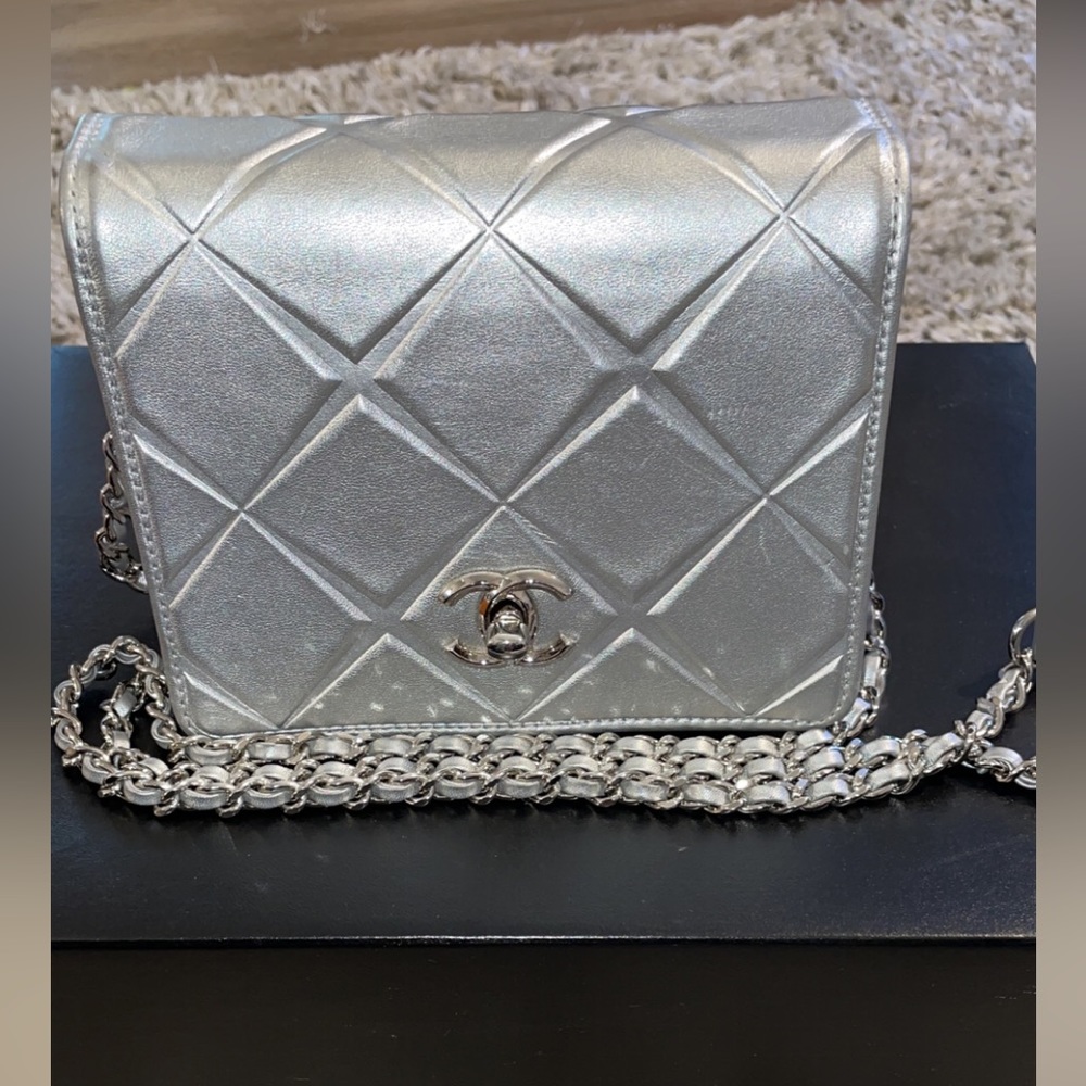 Authenticity Guarantee
CHANEL MiniPropellor Square Flap Silver Leather crossbody
